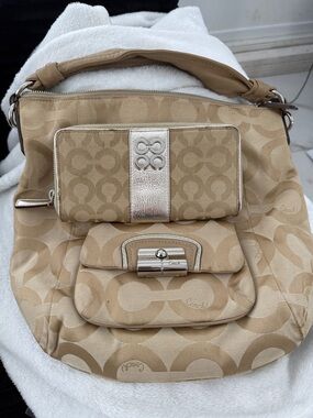 Coach Beige Signature Jacquard Shoulder Bag with Metallic Accents
